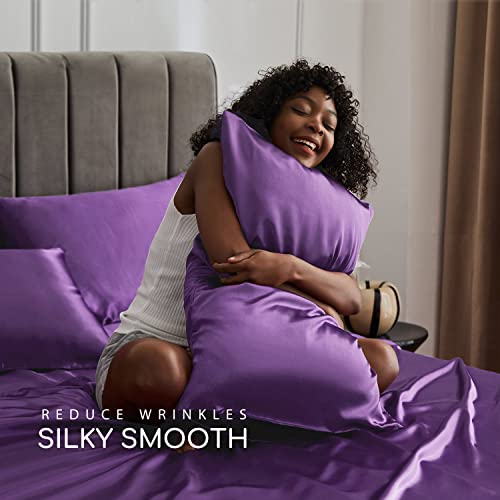 Image of MR&HM Satin Bed Sheets, King Size Sheets Set, 4 Pcs Silky Bedding Set with 15 Inches Deep Pocket for Mattress (King, Lavender)