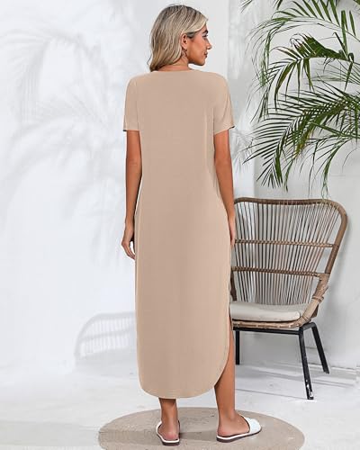 Image of Riyiper 2 Pieces Women's Short Sleeve Maxi Dress Round Neck Casual Loose Split Long Summer Beach Shirt Dress with Pockets