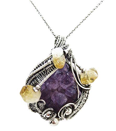 Miniatura 2 de Amethyst Stalactite Tip Druzy Wire-Wrapped Pendant Necklace in Sterling Silver with Citrine