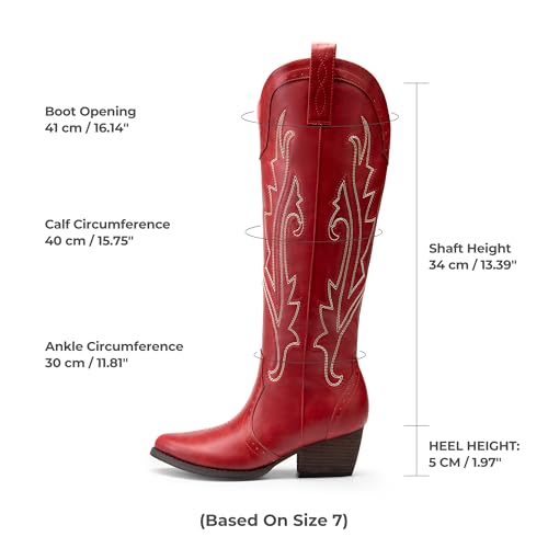 DREAM PAIRS Womens Cowboy Knee High Boots Comfortable Pull On Side Zipper Chunky Heel Embroidered Western Cowgirl Boots Retro Tall Boot,Size 12,Red,DWUMKB2501