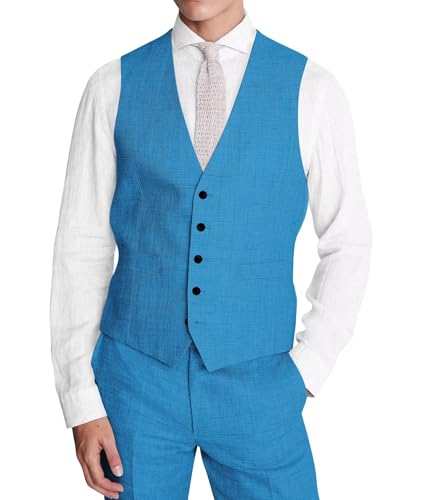 Mens Linen Suit Slim Fit 2 Piece Linen Suit for Men Beach Wedding Lightweight Summer Casual Prom Vest Pants Set