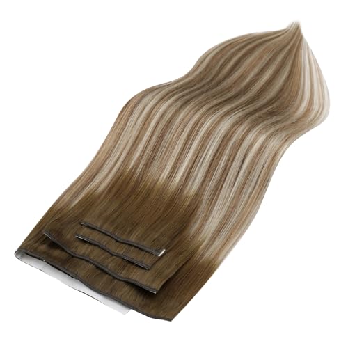 Image of Full Shine Long Weft Wide Tape in Hair Extensions Human Hair Color 3 Brown Fading 8 Brown and 22 Blonde 22 Inch Invisible Hand Tied Hair Extensions Tape in 120g Soft and Silky 4PCS