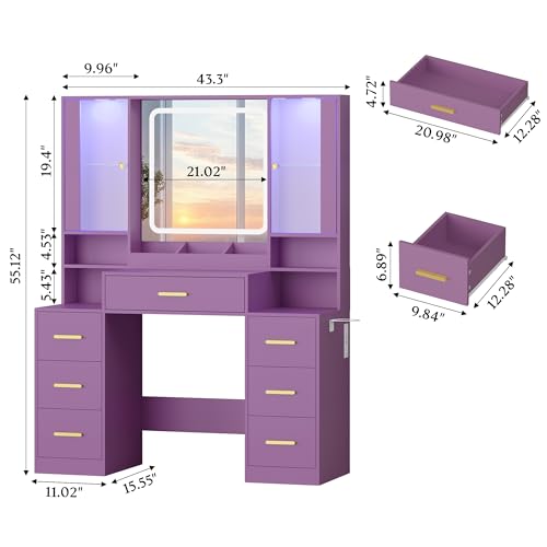 Image of HUANLEGO Makeup Vanity Desk with Mirror and LED Lights for Girls, Purple | Farmhouse Dressing Table Set for Women, LED Glass Cabinet, 7 Drawers, Power Outlet, Hair Dryer, 3 Lighting Modes