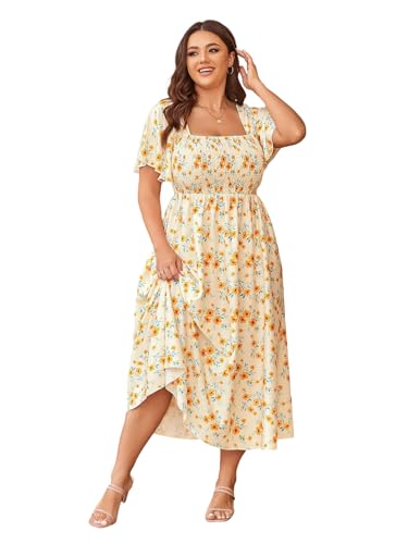 Image of Floerns Women's Plus Size Floral Square Neck Flounce Short Sleeve A Line Maxi Dress