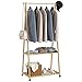 HOMCOM Bamboo Clothes Rail Rack with 2 Storage Shelves and 2 Hooks, Freestanding Open Wardrobe Coat Stand with Wheels for Entryway, Bedroom, Natural Wood Effect