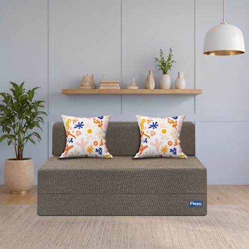 Image of Starlon 2 Seater Sofa Cum Bed Foldable 3-in-1 Sofa Bed with 1 Year Warranty, Washable Jute Fabric Cover & 2 Floral Pillows | Guest Bed | Coffee Brown 4x6 Ft