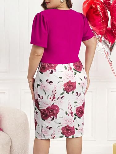 Plus Size Dress for Curvy Women Vintage Pencil Midi Dresses Short Sleeve Bodycon Floral Print Work Dress2