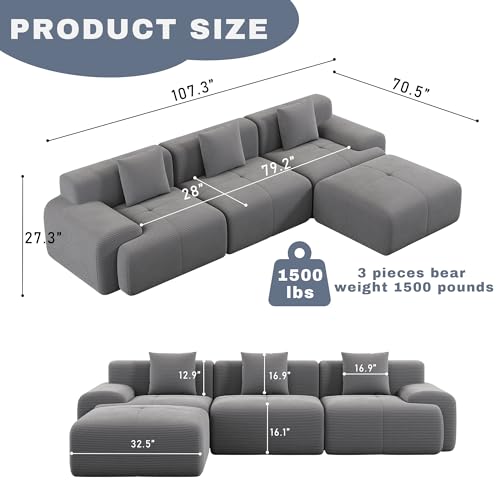 Image of 107 inch Cloud Modular Sectional Couch,Boneless Sofa with Ottman,L-Shape Upholstered Sofas with Deep Seat,Modern Cozy Corduroy Couches with Memory Foam,No Assembly Required (Dark Grey)