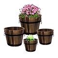 Adnee 4 Pack Wooden Whiskey Barrel Planters - 4 Sizes Wooden Bucket Barrel Garden Planters Set - Rustic Flower Planters Pots Container for Indoor Outdoor Garden Home Plants(4.7",6.1",7.1",9")
