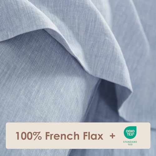 DAPU Pure Linen Sheets Set, 100% Yarn-Dyed French Linen, Breathable and Durable for Hot Sleepers, 4 Pcs Set - 1 Flat Sheet, 1 Fitted Sheet, 2 Pillowcases. (Summer Sky, Queen)