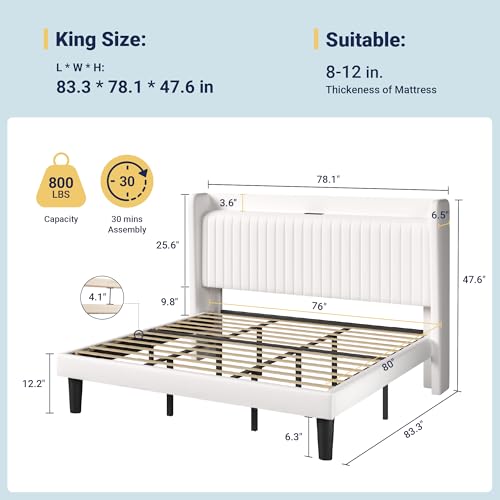 Image of Allewie King Size Platform Bed Frame with USB Charging Station and Storage Shelf /Upholstered Velvet Wingback Headboard /Wooden Slats Support /No Box Spring Needed /Easy Assembly, White