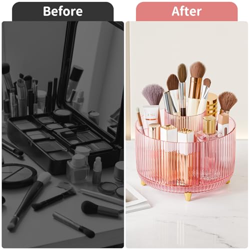 Image of Clear Rotating Makeup Organizer Countertop for Vanity, 360 Makeup Brush Holder Organizer with 5 Compartments, Transparent Cosmetic Storage for Lipstick, Skincare, Bathroom Counter (Transparent Pink)