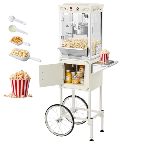 Image of VEVOR Popcorn Machine with Cart, 8oz Stainless Steel Kettle, 800W Commercial Popcorn Maker, 48 Cups per Batch Theater Style Popper, with 2-Button Control Glass Wall PC Door 1 Scoop 3 Spoons, White