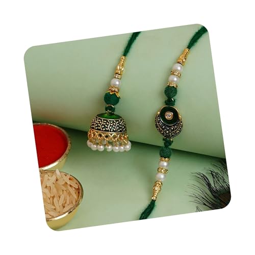 Image of eCraftIndia Multicolor Kundan Designer Rakhis for Brother and Bhabhi | Bhaiya Bhabhi Rakhi Set of 2