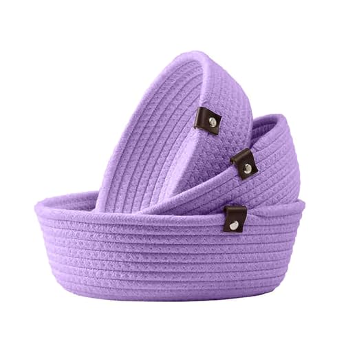 Image of Handmade Jute Cotton Storage Baskets Set of 3 for Dining Table, Fruit Basket & Roti Bowl, Cane Style Organizer for Kitchen, Home Decor, Washable Multipurpose (Purple)