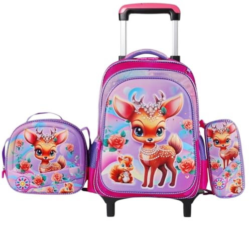 Mochila escolar de rodinhas com LED, kit 3 peças com mochila. lancheira forrada e estojo, para meninos e meninas de 6 a 12 anos (HENA)