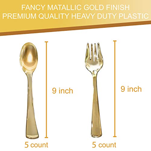 Disposable Plastic Gold Serving Utensils - Set Of 5, 9 Inch Serving Spoons And 5, 9 Inch Serving Forks Silverware - Perfect For Weddings Or Elegant Parties By Upper Midland Products #TOP2