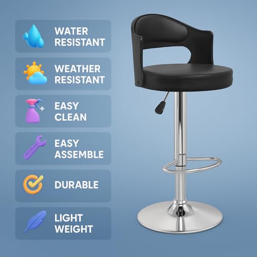 Image of Nityam Modern Style Bar Stool Chair for Kitchen Home Office Counter Shop, Adjustable Height with 360 Degree Rotate Swing, U Shape Back Rest, Comfort & Soft Seat, (Color-Black, Set of 2)