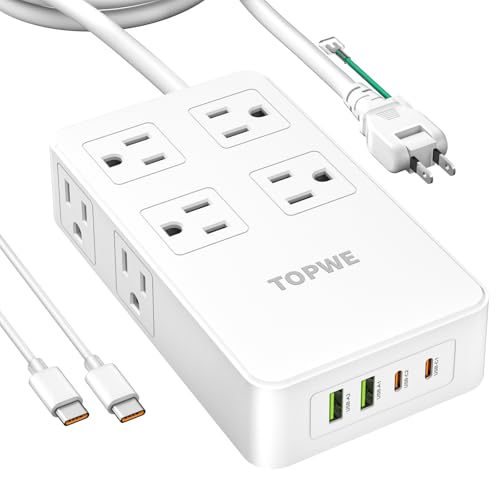 TOPWE 電源タップ USB-C type-c PD 100W 3m 延長コード 急速充電対応【2USB-Cポート・２USB-A ポート・8ACコンセント・PSE技術基準】 USB コンセント テーブルタップ タイプc USB C-C ケーブル付き AC2400W出力 ノートＰＣ MacBook iPad iPhone Xperia Galaxyなど対応 (ホワイト)