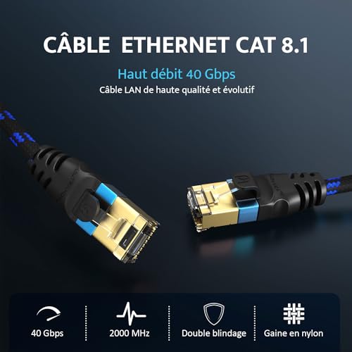 2. Bild von Ultra HDTV CAT 8.1 Netzwerkkabel – 3 Meter, 40 Gbps LAN Kabel, Patchkabel Gigabit RJ45 Ethernet, Knickschutz, Nylon-Ummantelung mit 40.000 Mbit Glasfaser 3 Meter