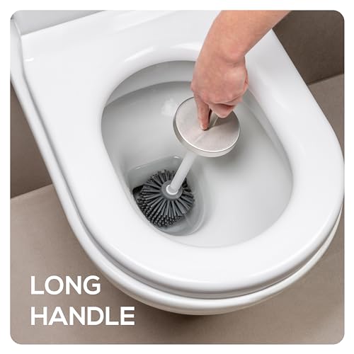 EPISTAR Silicone Toilet Brush & Holder Set - Stainless Steel - Replacement Heads Available - 45cm Tall - Toilet Brush Silicone with Long Handle (Grey)