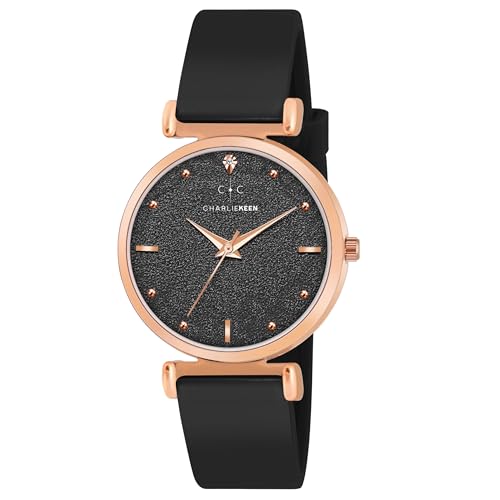 Image of CHARLIEKEEN Women's Analog Watch with Rose Gold Case, Silicone Band, Textured Dial, Crystal Markers
