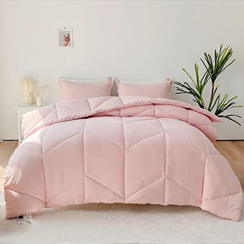 Mildly Pink Bedding Comforter Sets, Queen Comforter Set 100% Washed Microfiber Super Soft 3 Pcs, All Season Reversible Fluffy Down Alternative Quilted Comforter 88X88 Inches, 2 Pillow Shams #TOP22