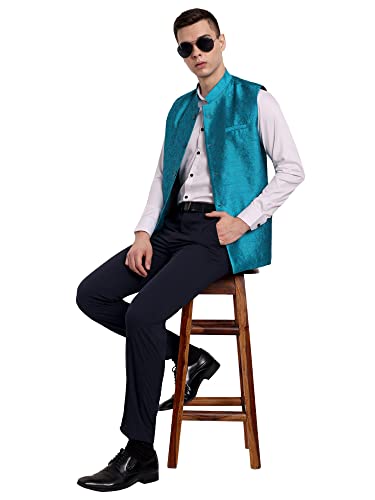 Image of SKAVIJ Mens Embellished Ethnic Wear Nehru Jacket Floral Printed Formal Waistcoat Regular Fit (Small,Turquoise)