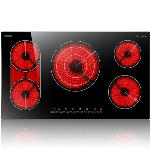Image of Karinear 36 Inch Electric Cooktop, 5 Burners Electric Stove Top, Drop-in | Flexible Bridge &Triple Ring Expandable Burners, Pause, Timer, Child Lock, 9600W, Built-in Ceramic Cooktop 220-240V HardWired