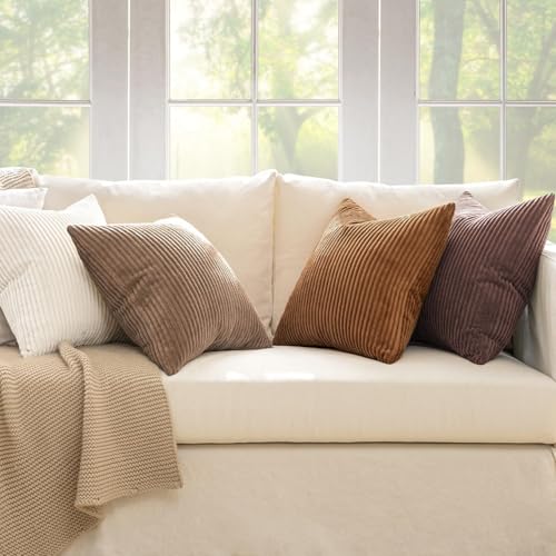 Image of MIULEE Boho Farmhouse Throw Pillow Covers 20x20 Inch Set of 4 Rustic Mordern Neutral Cushion Covers Soft Corduroy Nordic Fall Home Decor for Couch Bed Sofa Living Room Brown