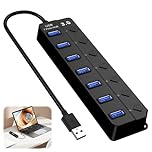 7-Port USB 3.0 Hub with Individual On/Off Switches and LED Indicators, 5Gbps High-Speed Data Splitter, Plug and Play USB Expansion Hub with 1FT Cable for Laptop, PC, Keyboard, Printer and Flash Drive