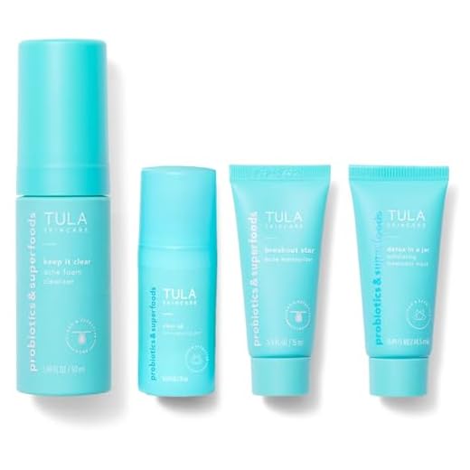 TULA Skin Care Clear Skin Starters Acne & Blemish Fighting Discovery Kit - Foam Cleanser, Correcting Gel, Moisturizer, Treatment Mask and Travel Bag to Treat & Prevent Acne, 4-Piece Kit
