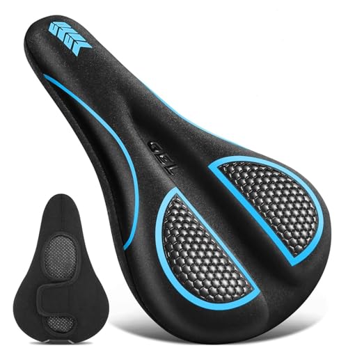 Frdhee Gel Padded Bike Seat Cushion, Bicycle Seat Cover Extra Soft Comfy for Men Women, Gel Bicycle Seats Pad with Waterproof Bike Seat Cover Fit for Peloton, BMX, MTB & Road, 11.2x7.4inch(Blue)