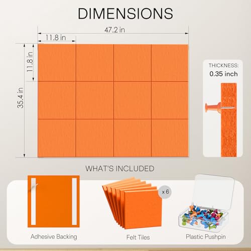 Image of MaxGear Felt Bulletin Board 48 inch x 36 inch, Orange Felt Wall Tiles Wall Decor