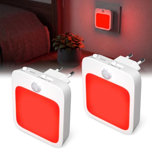 TobeBright 2 Unidades Enchufe Luz Nocturna con Sensor de Movimiento – Luz LED Roja que Favorece el Sueño (625 nm) & Regulable, Perfecto para Habitación Infantil, Dormitorio, Pasillo y Escalera