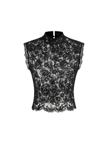 CIDER Lace Top See Through Floral Sleeveless Mock Neck Tank