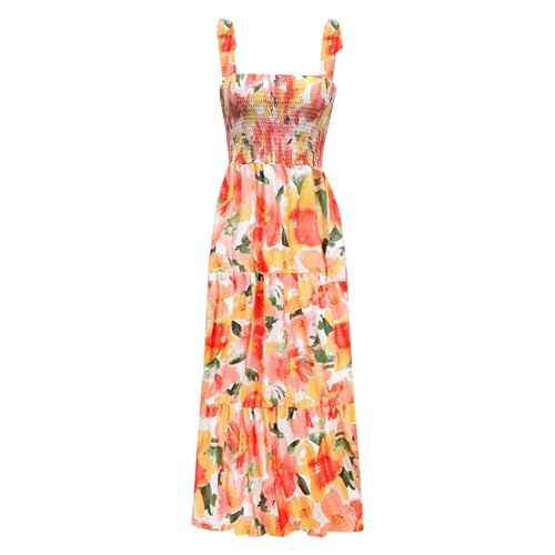 Image of kinstell Women's Summer Boho Spaghetti Strap Square Neck Ruffle Casual Flowy Long Dress Beach Swing Party Maxi Dress