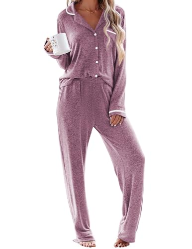 Ekouaer Women's Pajama Sets Long Sleeve Button Down 2 Piece Pjs Soft Lounge Sets Notch Collar Sleepwear