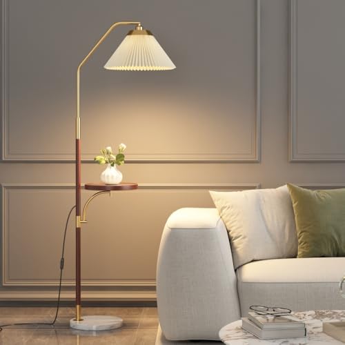 AOUMK フロアランプ 3トーンライト 北欧スタイル 垂直テーブルランプ 組み立て簡単 木製テーブル付き 寝室 リビングルーム ベッドサイド (ウォールナット色+ウォールナット色の天板,3色調光)