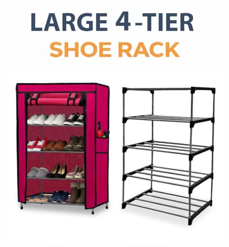Image of Metal Shoe Stand with Cover, 4 Tier Shoe Organizer for Home & Office - Pink