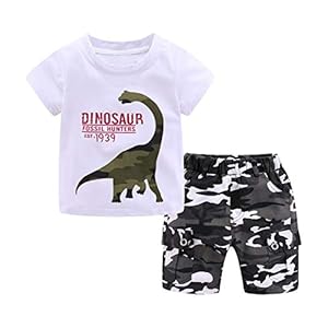 LittleSpring Boys Short Sleeve Dinosaur T-Shirt & Camouflage Shorts, Jersey Top and Bottom Set, For Summer