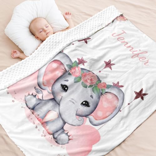 Image of YLumin Custom Baby Blanket - Super Soft Throw With Elephants and Floral for Girls - Personalized Gifts for Newborn, Infant, Toddler - Birthday and Baby Shower Nursery Present