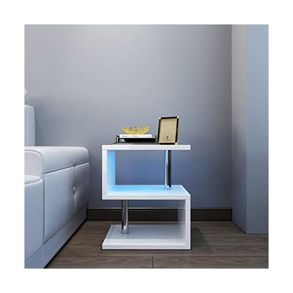 YOLEO Coffee Table Side Table for Living Room Modern White High Gloss End Table with 2 Tier Storage Shelves and Blue LED Light - Image 5
