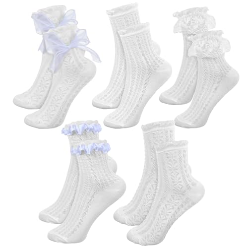 Image of CIATBYYJ 5 Pairs White Lace Socks Women, Elastic and Comfortable Frilly Socks Women, Lace Ruffle Sock Matching with Dresses, Skirts, Sneakers, Loafers, Durable Cotton Ruffled Sock for Womens