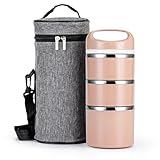 Lille Home Stackable Stainless Steel Lunch Containers, 43OZ Capacity 3 Layers Leakproof Bento Box for Adult, Portable Lunch Box for Women, Man, Travel, Office with Lunch Bag (Gold.Pro)