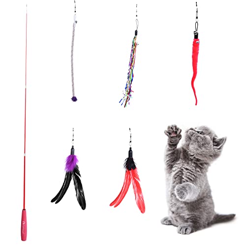 GoPetee Jouet à Plumes pour Chats, Jouet Chat Plume, Bâtons Drôles de Baguette Rétractable pour Chat, Canne a Peche Jouet Interactif Chat Chatons avec 5 Recharges Home Intérieur ​(Rouge) Cover