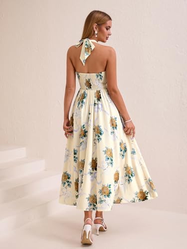 Image of Parthea Women's Gingham Halter V Neck Midi Dress Corset Smocked Sundress Flowy A Line Wedding Guest Dresses