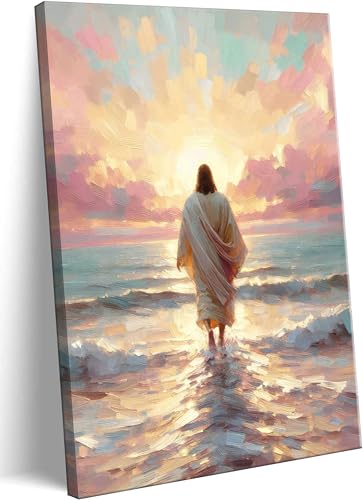 Pink Jesus Walking On Water Canvas Wall Art Christian Bible Paint...