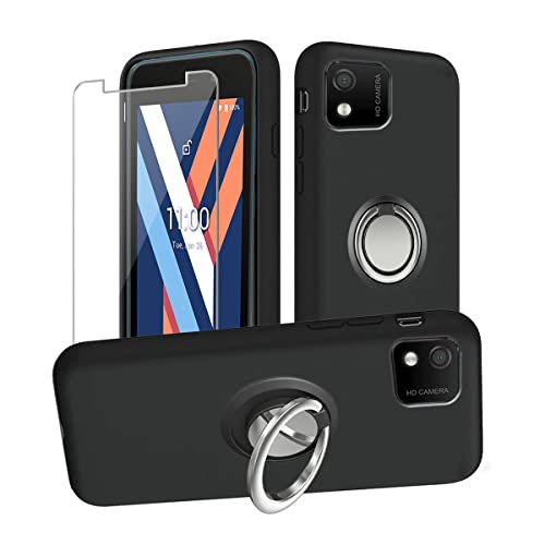 QFSM Coque pour Wiko Y52 + Verre trempé + Anneau de Support, Etui Housse Silicone Black Souple TPU Cover Case et 9H Dureté Durable Verre écran Glass Film Protection Cover