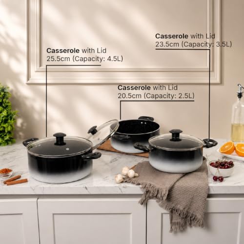 Image of Kreme Aura Granite Non Stick 8 Pcs Cookware Set | Aluminum Casserole Set with Glass Lid | 2.5 LTR + 3.5 LTR + 4.5 LTR | Uses Less Oil | Induction Base Gas Compatible | Biryani Pot | PFOA-Free, Ivory
